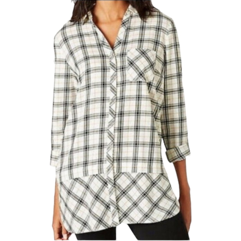 J. Jill White Plaid Layered Hem Oversized Long Sleeve‎ Button Down Shirt Size S